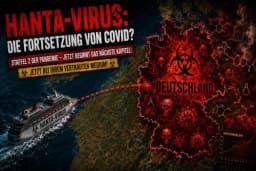 Dramatische Europakarte im Stil eines apokalyptischen Nachrichten-Thumbnails. Ein Kreuzfahrtschiff mit der Aufschrift „HANTA-VIRUS“ fährt über das Meer Richtung Deutschland. Eine rote gestrichelte Linie markiert die Route. Deutschland ist dunkelrot eingefärbt und mit Biohazard-Symbolen, Virengrafiken, Totenköpfen und chemischen Formeln überlagert. Große Schlagzeile im Clickbait-Stil: „HANTA-VIRUS – DIE FORTSETZUNG VON COVID?“ sowie „Staffel 2 der Pandemie – jetzt beginnt das nächste Kapitel!“.