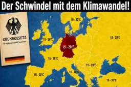 Grafische Europa-Wetterkarte im 16:9-Format mit aktuellen Ländergrenzen. Deutschland ist dunkelrot hervorgehoben, während die übrigen europäischen Länder gelb dargestellt sind. Über mehreren Regionen steht die Temperaturangabe „15–20 °C“. Oben befindet sich die große Überschrift „Der Schwindel mit dem Klimawandel!“. Links im Bild ist stilisiert das deutsche Grundgesetz mit Bundesadler und Deutschlandflagge eingeblendet.