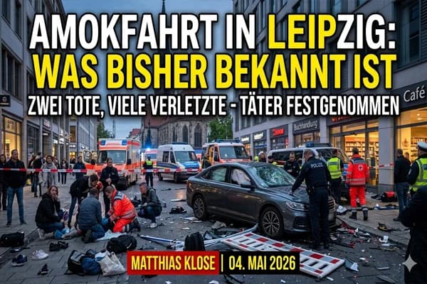 Ein dramatisches, fotorealistisches Vorschaubild im 16:9-Format, das eine Absperrung der Polizei in einer belebten Fußgängerzone zeigt. Im Zentrum steht ein beschädigter, dunkelgrauer Pkw mit ausgelösten Airbags. Zahlreiche Einsatzkräfte von Polizei und Rettungsdienst in Uniformen und Warnwesten kümmern sich um Menschen auf dem Pflaster oder sichern den Bereich. Im Hintergrund sind mehrere Rettungswagen und Einsatzfahrzeuge mit Blaulicht sowie städtische Gebäude zu sehen. Am oberen Bildrand steht in großen, fetten Großbuchstaben der Text „AMOKFAHRT IN LEIPZIG: WAS BISHER BEKANNT IST“ und darunter „ZWEI TOTE, VIELE VERLETZTE - TÄTER FESTGENOMMEN“. Am unteren Rand befindet sich eine rote Plakette mit der Aufschrift „MATTHIAS KLOSE | 04. MAI 2026“.