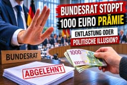 Realistisches politisches Thumbnail: Im Vordergrund hält eine Person Euro-Geldscheine, während eine ausgestreckte Hand die Auszahlung stoppt. Auf einem Dokumentenstapel liegt ein roter Stempel mit der Aufschrift „Abgelehnt“. Im Hintergrund tagt der Bundesrat in einem modernen Sitzungssaal mit Deutschlandflaggen. Große Schlagzeile im Bild: „Bundesrat stoppt 1000 Euro Prämie – Entlastung oder politische Illusion?“