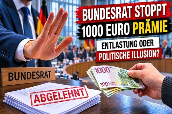 Realistisches politisches Thumbnail: Im Vordergrund hält eine Person Euro-Geldscheine, während eine ausgestreckte Hand die Auszahlung stoppt. Auf einem Dokumentenstapel liegt ein roter Stempel mit der Aufschrift „Abgelehnt“. Im Hintergrund tagt der Bundesrat in einem modernen Sitzungssaal mit Deutschlandflaggen. Große Schlagzeile im Bild: „Bundesrat stoppt 1000 Euro Prämie – Entlastung oder politische Illusion?“