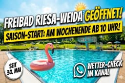 Freibad Riesa-Weida im Sommer 2026, Blick auf Becken und Liegewiese bei Sonnenschein