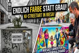 Vorher-Nachher-Collage: Links grauer, verschmierter Pflanzkübel auf der Riesaer Hauptstraße vor dem Geschäft Preuß, rechts fertig gestalteter Kübel mit buntem Graffiti-Motiv einer Familie auf dem Einkaufsboulevard, daneben ein Graffiti-Künstler bei der Arbeit
