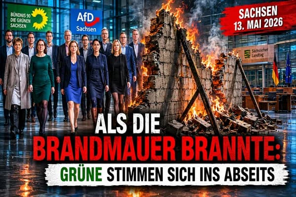 Politisches Thumbnail zum Sächsischen Landtag: Eine Gruppe von Politikern läuft vor einer brennenden Mauer durch eine moderne Parlamentshalle. Im Hintergrund sind Logos von Grünen und AfD Sachsen zu sehen. Große rote und weiße Schrift lautet „Als die Brandmauer brannte: Grüne stimmen sich ins Abseits“. Rechts oben steht „Sachsen 13. Mai 2026“.