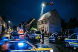 Nächtlicher Polizeieinsatz mit Streifenwagen, Rettungswagen und Hubschrauber vor einem Wohnhaus, Symbolbild zu den Schüssen in Strehla