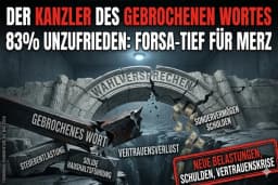 Ein düsteres und symbolisches Vorschaubild im 16:9-Format. Im Mittelpunkt steht ein massiver, rissiger Steinbogen mit der eingemeißelten Aufschrift „WAHLVERSPRECHEN“, der in der Mitte auseinanderbricht. Trümmerteile fallen in eine tiefe Schlucht darunter. Auf den herabstürzenden Steinblöcken und Balken sind Begriffe wie „GEBROCHENES WORT“, „STEUERENTLASTUNG“ und „SOLIDE HAUSHALTSFÜHRUNG“ zu lesen. Aus dem Riss fliegen US-Dollar-Geldscheine heraus, daneben stehen die Schriftzüge „VERTRAUENSVERLUST“ und „SONDERVERMÖGEN SCHULDEN“. Am oberen Bildrand dominiert die Schlagzeile „DER KANZLER DES GEBROCHENEN WORTES – 83% UNZUFRIEDEN: FORSA-TIEF FÜR MERZ“. Unten rechts ist ein roter, stempelartiger Kasten mit der Aufschrift „NEUE BELASTUNGEN, SCHULDEN, VERTRAUENSKRISE“ platziert.